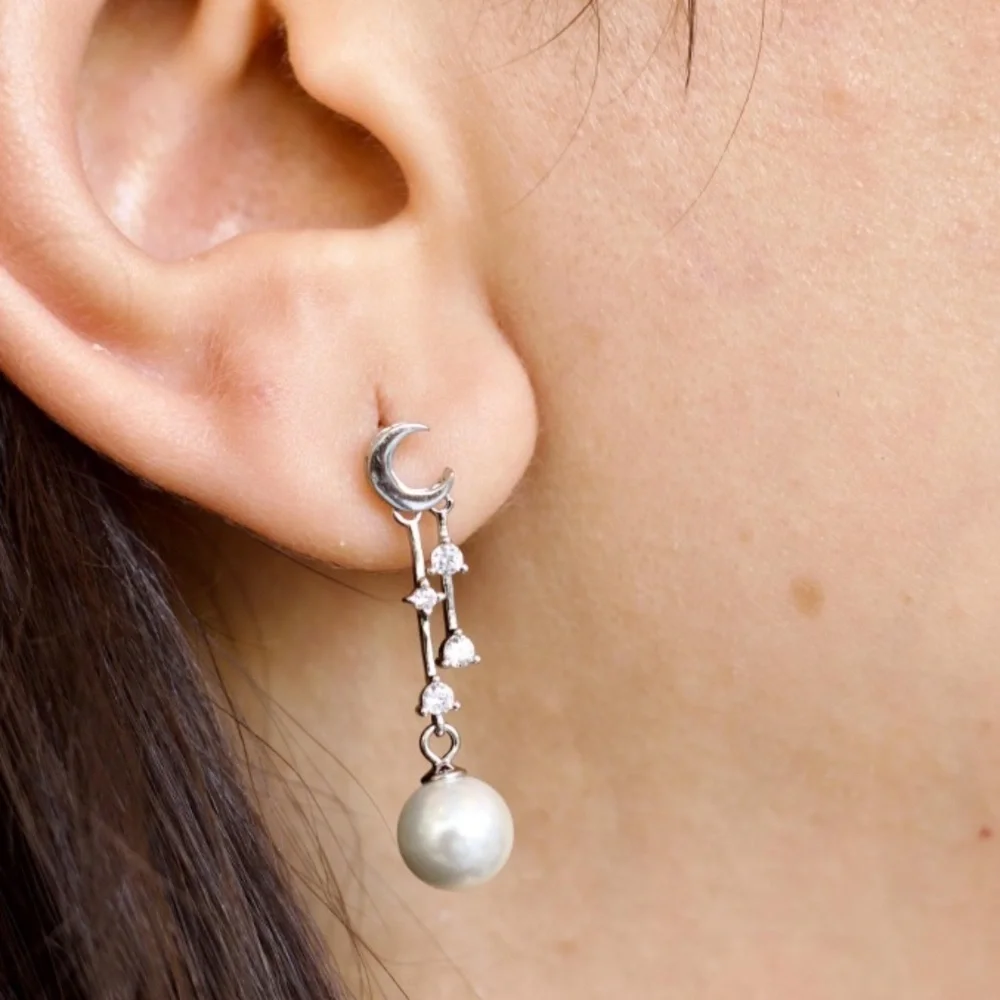 925 Sterling Silver and Pearl Crescent Earrings